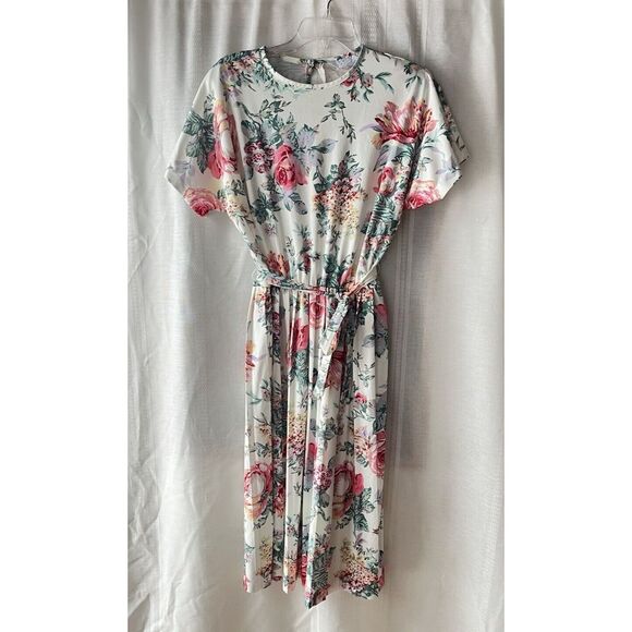 Vintage Blair Floral Belted Midi Fit Flare Cream Off‎ White Dress Grandma Core - Picture 1 of 7